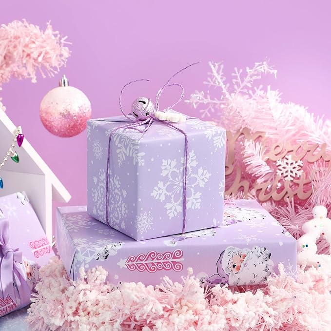 WRAPAHOLIC 30 Inch Jumbo Reversible Christmas Wrapping Paper - 30 Inch x 33 Feet - Purple Santa Claus and Snowflake with Embossed for Christmas, Holiday, Party Celebration