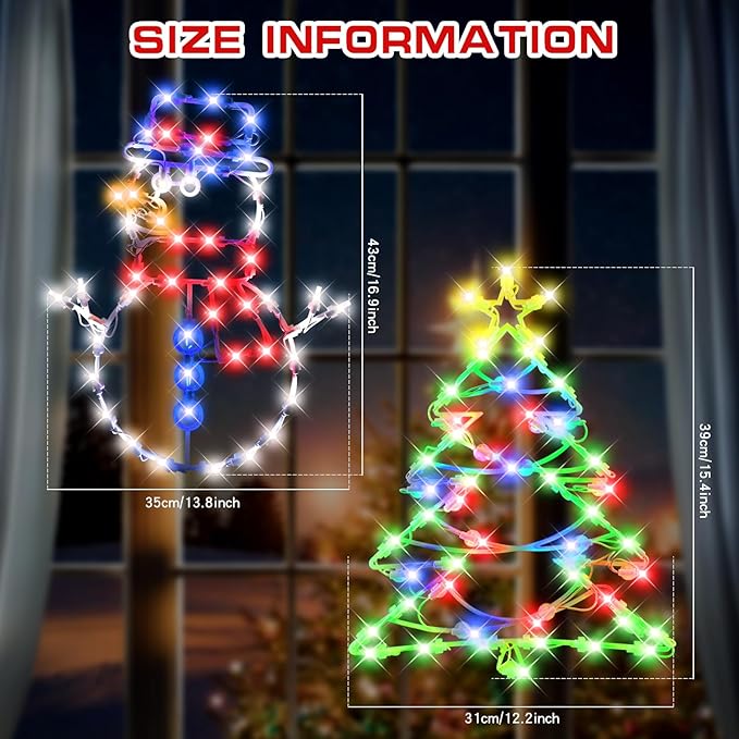 Christmas Window Silhouette LED Lights Decorations, Pack of 2 Sign Lighted Snow Man and Christmas Tree for Holiday Indoor Wall Door Glass Decor