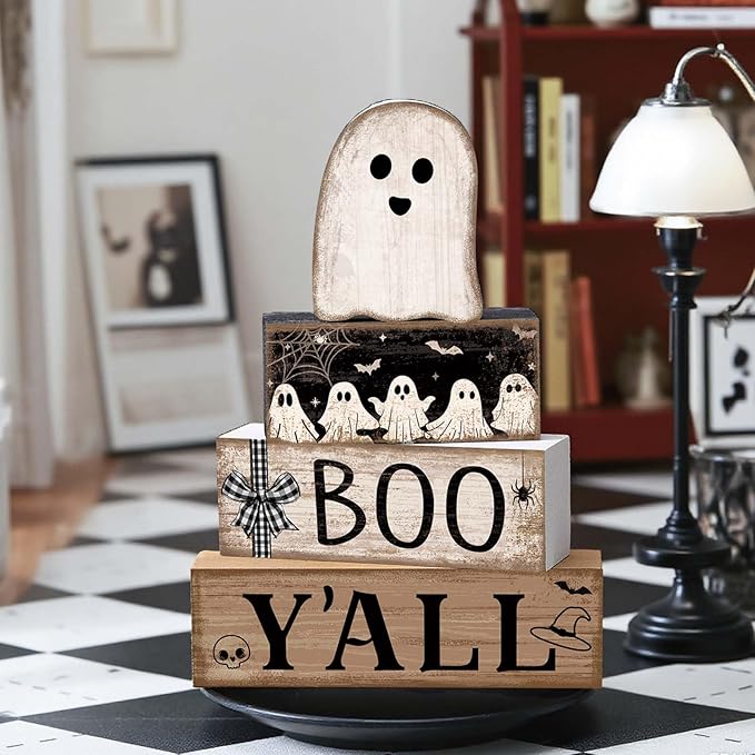 4 Pcs Halloween Table Decoration Wooden Ghost Tiered Tray Decoration Rustic Wood Ghost Block Signs Gift Halloween Centerpiece Farmhouse for Home Tabletop Kitchen Shelf