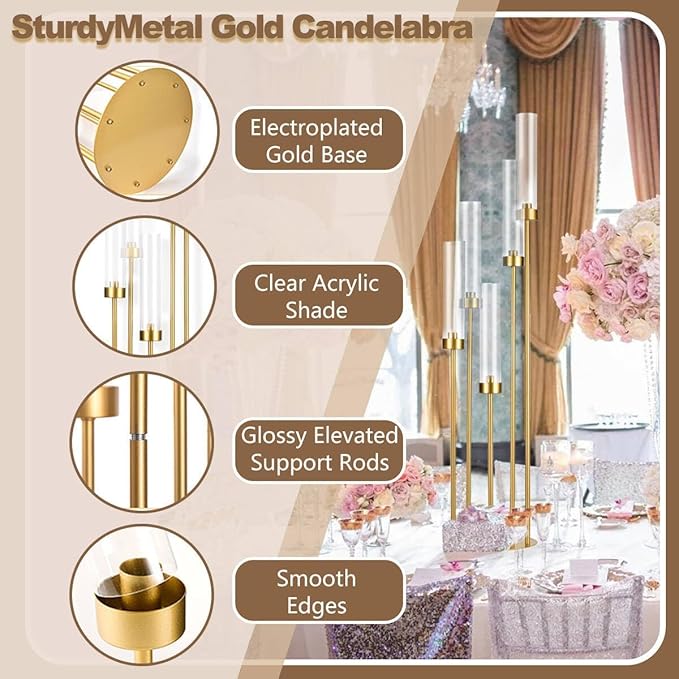 Tall 5 Arm Candle Holder for Wedding Table,39.4'' Tall Candelabra with Acrylic Lampshade for Birthday Party Home Decoration Halloween Christmas Day Fit LED Taper Candles