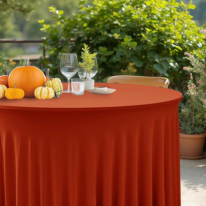 HolidayIdeas 6 Pack Spandex Table Skirts for 60 Inch Round Table, Fitted Stretch Ruffle Cover for Wedding Receptions, Holiday Parties, Rust