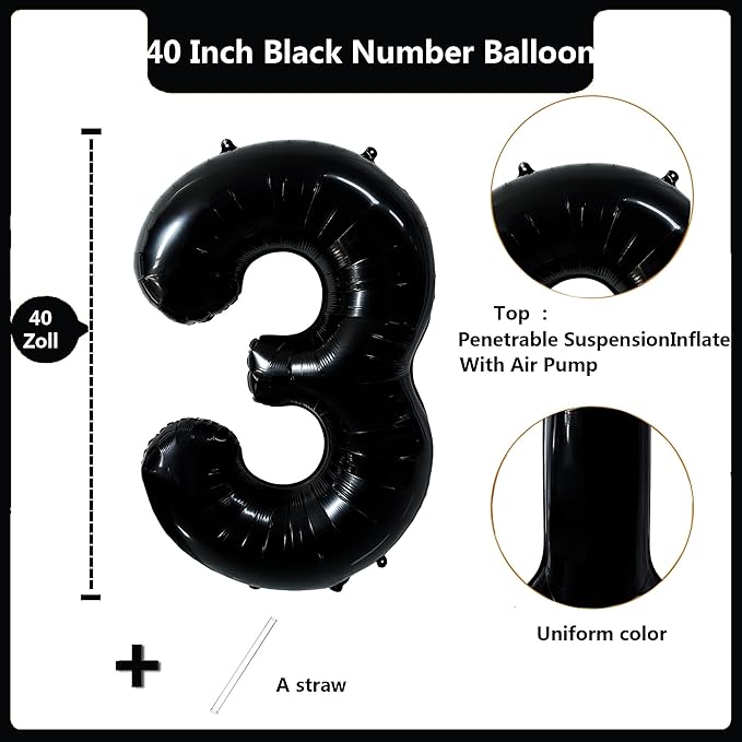 40 inch Black 3 Number Balloon Giant Foil Helium Balloons Black Large Digital Balloon 3 Number 3 Balloons for 3rd Birthday Party Decorations Anniversary Events Decoration Supplies