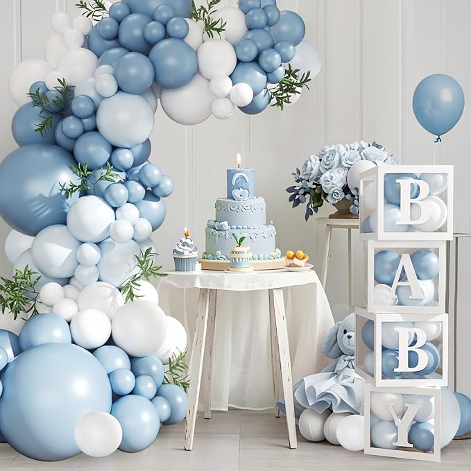 Dusty Blue Balloon Baby Shower Decorations for Boy, 132Pcs Blue Balloon Arch Garland Kit Baby Boxes with Letters for Boy Boho Baby Shower Gender Reveal Birthday Party Decorations