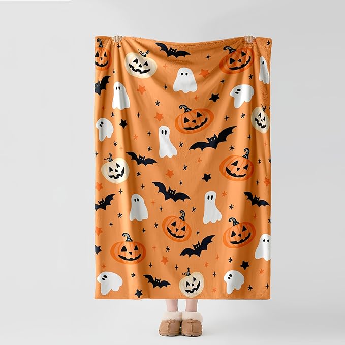 Halloween Flannel Throw Blanket – Ghost, Bat & Pumpkin Pattern – Orange Festive Blanket for Couch or Bed, W50 x L70in