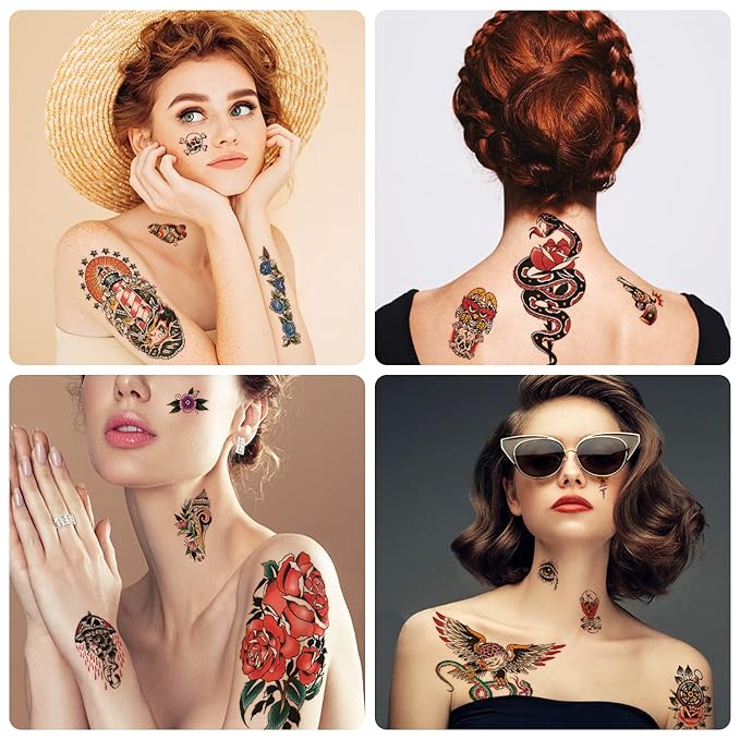 77 Sheets Temporary Tattoo for Women and Men, 17 Sheets Half Arm Chest Shoulder Fake Tattoos, 60 sheets Tiny for Adults Vintage Multi Colored Mixed Style Waterproof Realistic Tattoos Long-Lasting