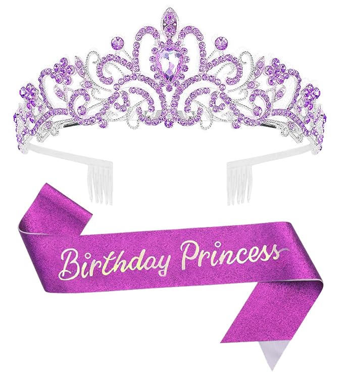 Birthday Tiara and Crown with Sash for Women, Hair Accessories for Wedding Party Costume (C- Purple)