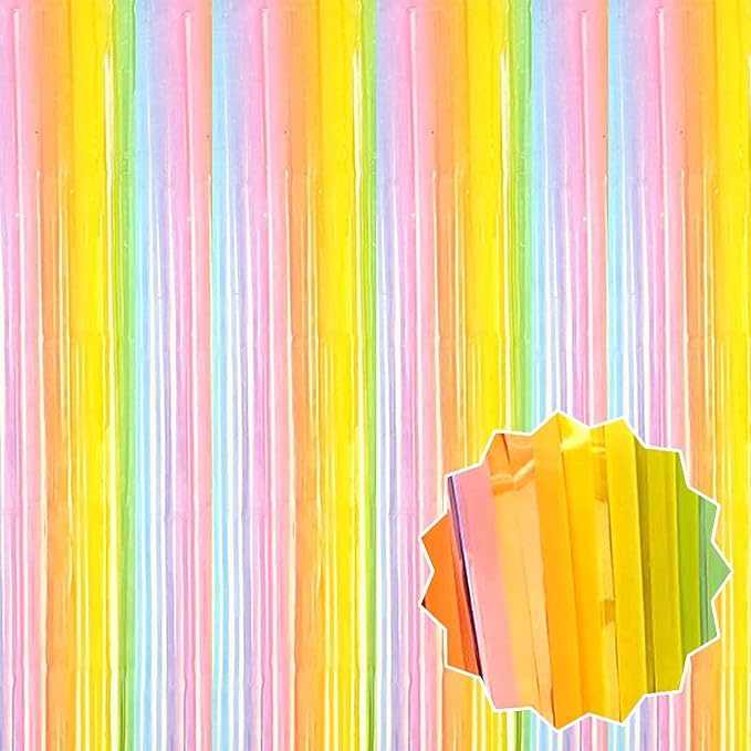 3 Pack Rainbow A Foil Fringe Curtains Backdrop, 3.28 x 6.6 Ft Metallic Streamers Tinsel Curtains Background for Photo Booth, Birthday, Halloween, Christmas, Thanksgiving, New Year Party Decorations