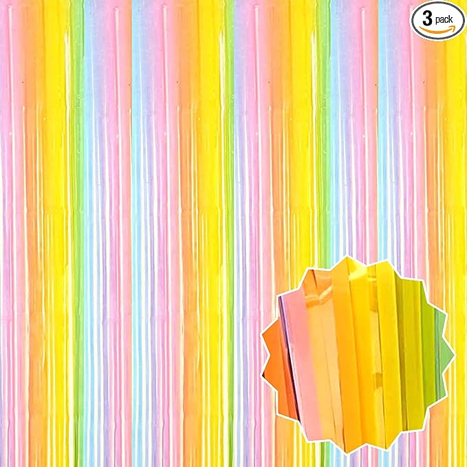 3 Pack Rainbow A Foil Fringe Curtains Backdrop, 3.28 x 8.2 Ft Metallic Streamers Tinsel Curtains Background for Photo Booth, Birthday, Christmas, Halloween, Thanksgiving, New Year Party Decorations