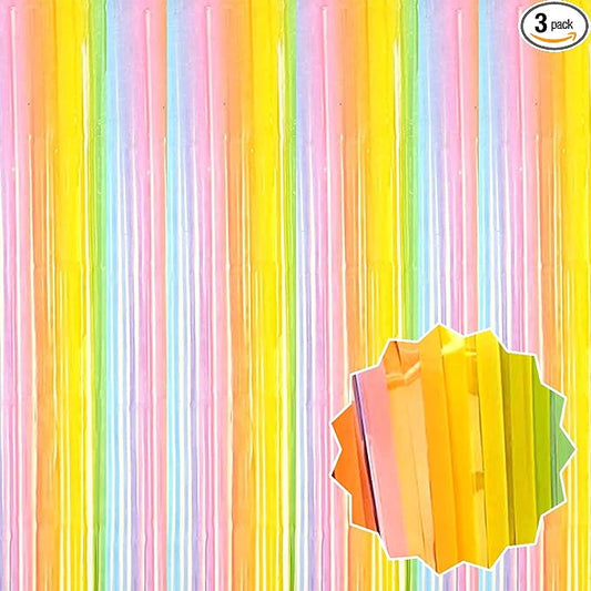 3 Pack Rainbow A Foil Fringe Curtains Backdrop, 3.28 x 8.2 Ft Metallic Streamers Tinsel Curtains Background for Photo Booth, Birthday, Christmas, Halloween, Thanksgiving, New Year Party Decorations