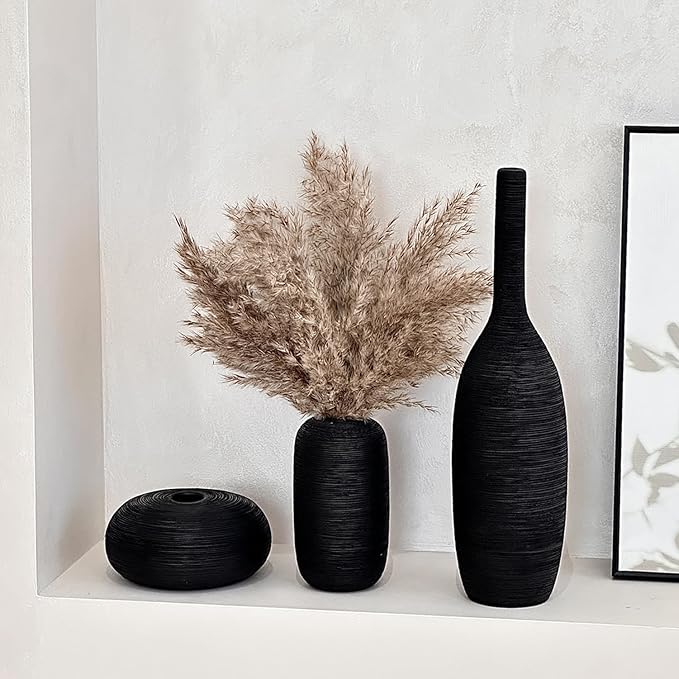 Ceramic Vase Set of 3 Flower Vases Home Decor Modern Boho Rustic Farmhouse Large Decorative Aesthetic Minimalist Matte Vases for Centerpieces Living Room Table Shelf (Black)