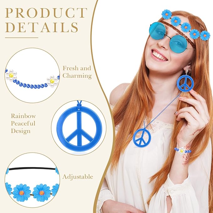 Batiyeer 6 Pcs Hippie Costume Accessories Set, Boho Peace Sign Daisy Flower 60s 70s Party Favors Decor for Groovy Party Women(Blue)