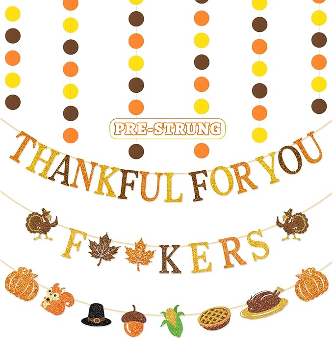 Thankful for You Banner Glitter Friendsgiving Party Decorations Happy Thanksgiving Day Indoor Decor for Home Office Mantle Fall Pre Assembled Hanging Garland Sign Turkey Pumpkin Plastic