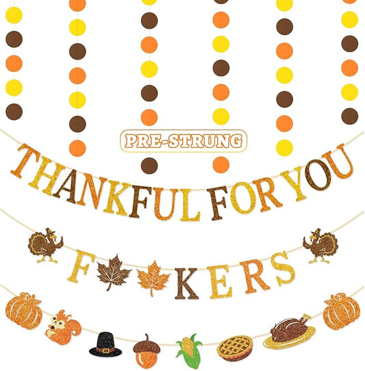 Thankful for You Banner Glitter Friendsgiving Party Decorations Happy Thanksgiving Day Indoor Decor for Home Office Mantle Fall Pre Assembled Hanging Garland Sign Turkey Pumpkin Plastic