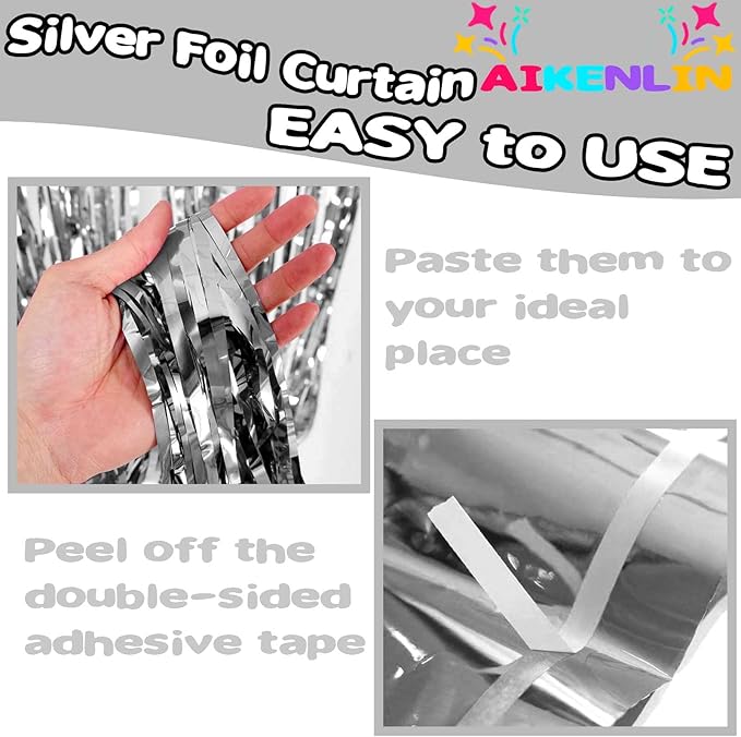4 Pack 3.2Ft x 9.8Ft Silver Foil Fringe Curtain Backdrop, Metallic Tinsel Foil Fringe Streamers Curtains for Party, Photo Booth Props, Birthday, Wedding, Christmas Party Decoration Supplies