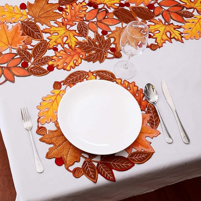 Simhomsen Set of 4 Embroidered Leaves Round Doily Place-mats Round 15 inches for Thanksgiving, Fall or Autumn Harvest Decorations