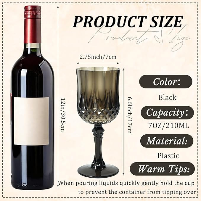 12 Pcs Black Wine Glasses, Plastic Goblets Vintage Style Cordial Drinking Glasses, Vintage Black Drinking Glasses Champagne Glassware for Wedding Reception Grand Event Party, 7Oz