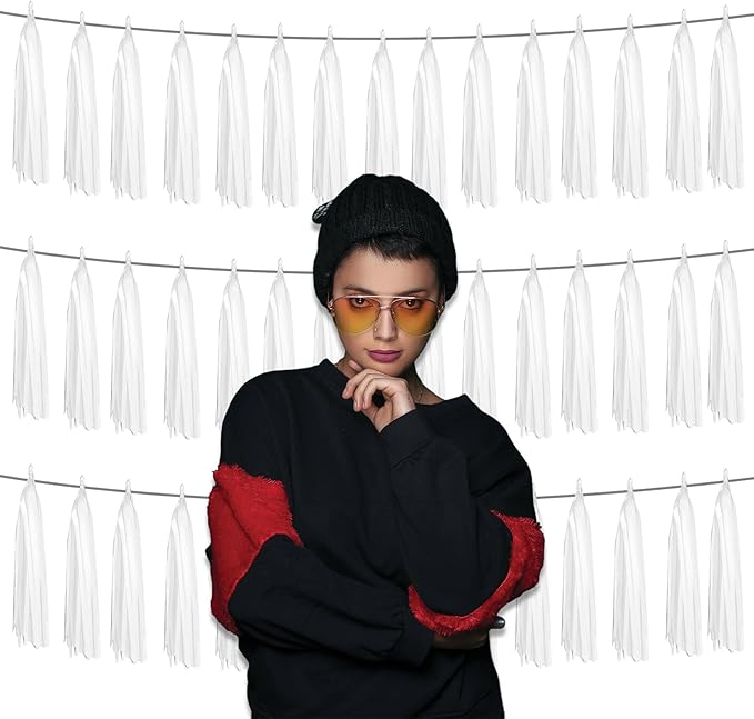 3P Metallic Fringe Banner Garland Foil Tinsel Streamer Wall Hanging Curtain Backdrop Banners for Parade Floats Graduation Decorations, Baby Bridal Shower Party Decoration(White)