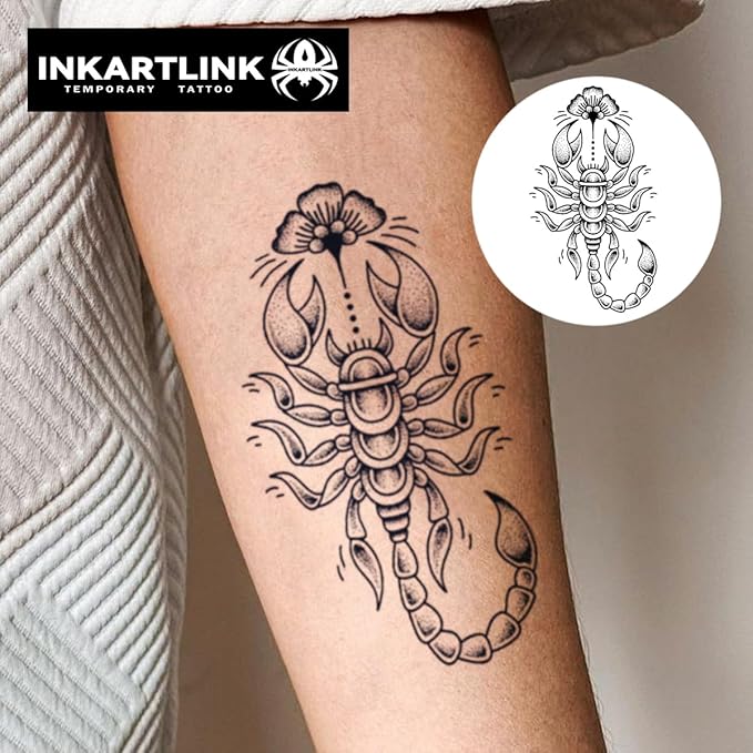 INKARTLINK Tattoo Tech, 2 Sheets Medium Semi Permanent Tattoo, Adult Art Design Temporary Tattoos, Lasts 1-2 Weeks, Waterproof, Realistic Look, No Reflection (Scorpion with Floral Accent)