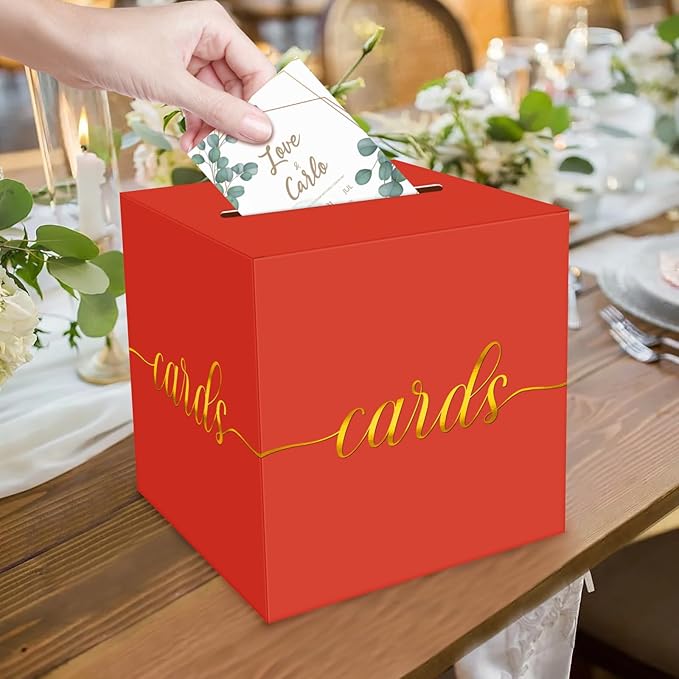 1 Pack Red and Gold Foil Card Box for Party, 8.7" Red Gift Card Box Money Box for Birthday, Wedding, Baby Shower, Retirement, Anniversary, Bridal Shower, Graduation, Raffle Ticket