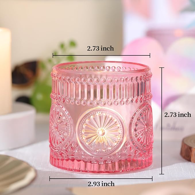 6Pcs Large Votive Candle Holders Pink Glass Tealight Candle Holders for Wedding, Table Centerpiece, Party, Birthday, Home Decor