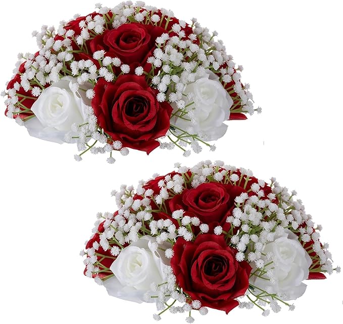 BLOSMON Fake Flowers Ball Wedding Centerpieces 2 Pcs Crimson Rose Babys Breath Artificial Flowers Center Pieces Decoration for Table Silk Kissing Floral Bouquet Arrangements for Home Party DIY Decor