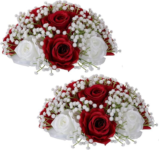 BLOSMON Fake Flowers Ball Wedding Centerpieces 2 Pcs Crimson Rose Babys Breath Artificial Flowers Center Pieces Decoration for Table Silk Kissing Floral Bouquet Arrangements for Home Party DIY Decor