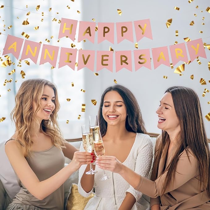 Happy Anniversary Banner Valentines Day Wedding Decorations Love Party and Background Indoor Outdoor Decorations (Pink)