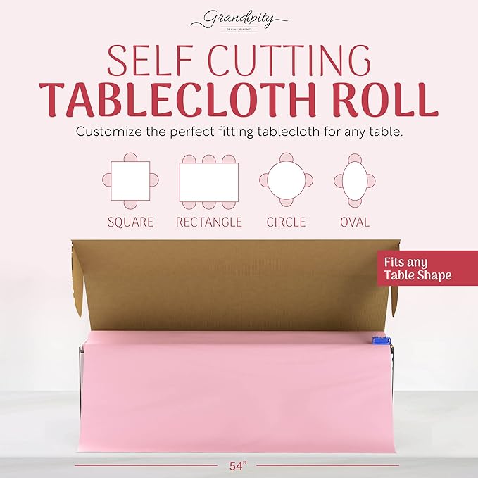 Grandipity Plastic Tablecloth Roll - 54in x 100 Ft. Pink Plastic Table Cloths for Parties Disposable with Cutter Box - Cut to Size Disposable Tablecloth Table Cover for Rectangle & Round