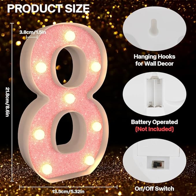 Marquee Light up Numbers 0-9, Battery Powered LED Light, Pink Glitter Plastic Sign, Night Light Decor for Graduation, Engagement, Wedding, Baby Shower, Birthday (Number 8)
