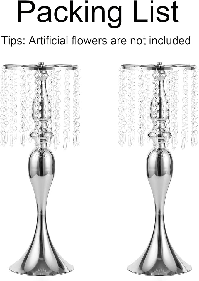 Silver Vases for Centerpieces, 21.3in Crystal Flower Arrangement Stand, Wedding Centerpieces for Tables, Tall Metal Flower Vase Holders for Wedding, Event, Reception, Birthday, Home Decor, 2 Pcs