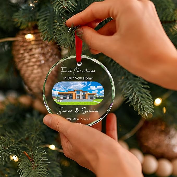 Personalized Round Christmas Crystal Glass Ornaments Custom 2025 Xmas Ornament for Christmas Tree Decor Customized First Christmas in New Home Tree Hanging