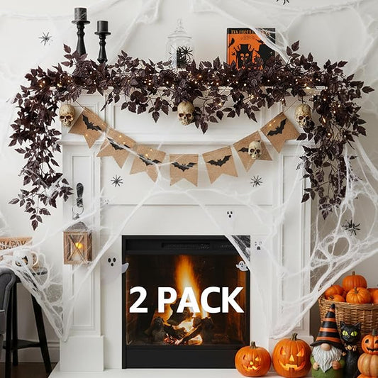 Neutral Fall Garland for Mantle Fireplace - 2 Pack 6Ft Plum Cimicifuga Seeded Leaf Garlands Purple Autumn Decor Table Decorations for Home Indoor Door Halloween Realistic Leaves Garlands Outdoor