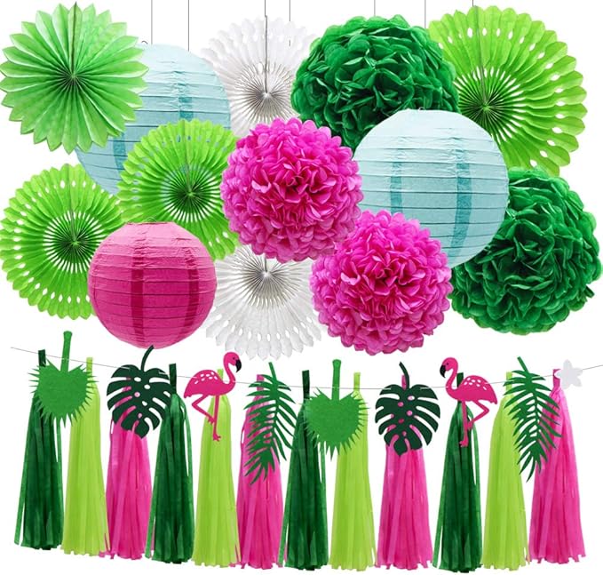 ADLKGG Tropical Flamingo Palm Leaf Banner Party Decorations, Hanging Paper Fans Paper Lanterns Pom Poms Flowers Tissue Tassels for Birthday Baby Shower Summer Hawaiian Party Bachelorette