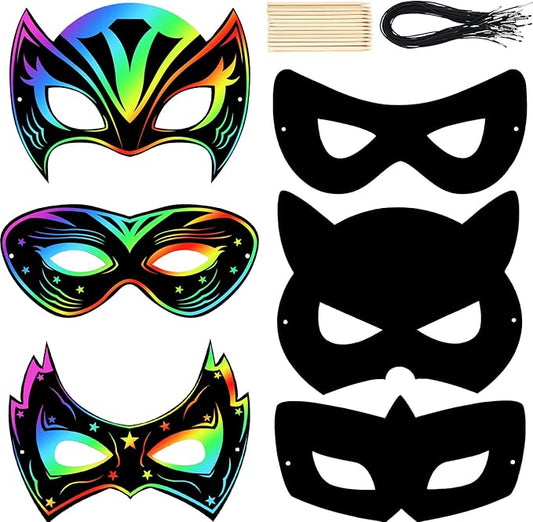 Deekin Mardi Gras Scratch Masks for Kids, Mardi Gras Crafts Rainbow Hero DIY Masks Craft Kit for Dress up Party Favor