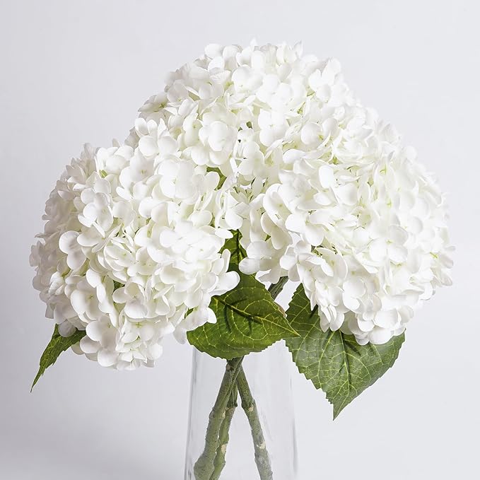 3 Pcs White Hydrangea Artificial Flowers 21" Realistic Latex Faux Hydrangeas Flowers Real Touch Full Heads, Lifelike Long Stem & Leaves for Wedding Outdoor Table Centerpieces Home Party Decoration