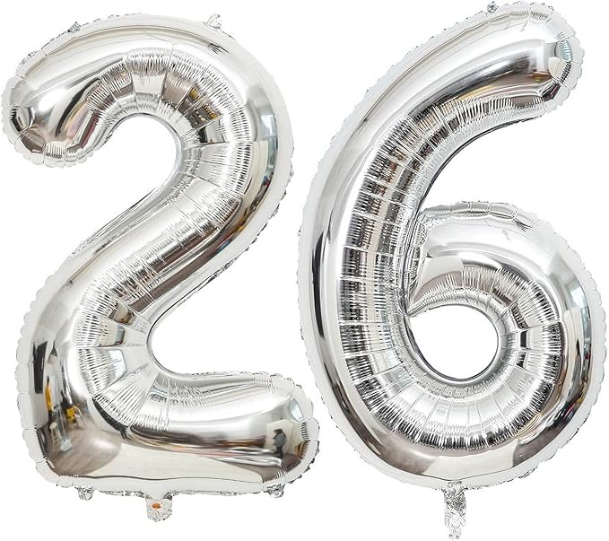 40 Inch Silver 26 Number Balloons Giant Jumbo Huge 26 or 62 Foil Mylar Helium Number Digital Balloons Silver Birthday Mylar Digital Balloons 26th or 62th Birthday Anniversary Events Party Decorations