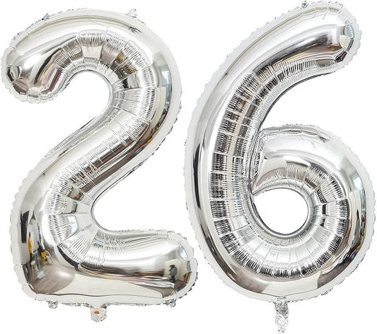 40 Inch Silver 26 Number Balloons Giant Jumbo Huge 26 or 62 Foil Mylar Helium Number Digital Balloons Silver Birthday Mylar Digital Balloons 26th or 62th Birthday Anniversary Events Party Decorations