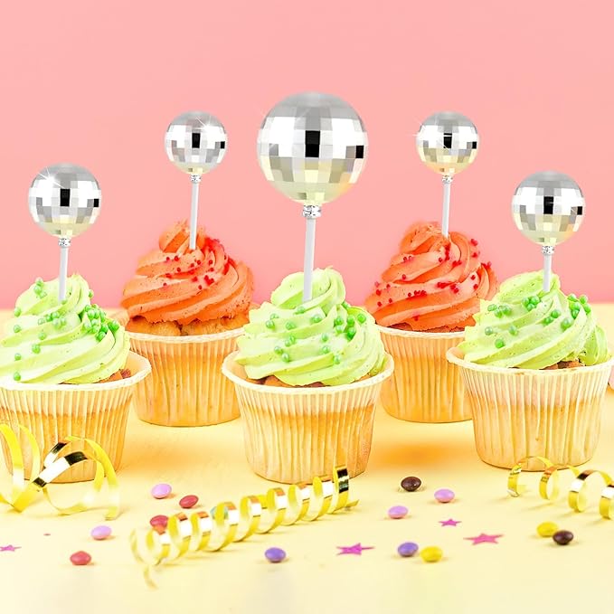 ASTARON 20 Pcs Disco Ball Cake Topper Decorations Sticks Silver Cake Balls Picks Toppers for Birthday Anniversary Disco Retired Theme Party Decorations