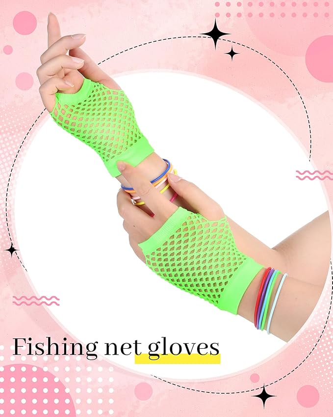 Blulu 80s Accessories for Women Dress Costume Lace Headband Earrings Fishnet Gloves Necklace Bracelet