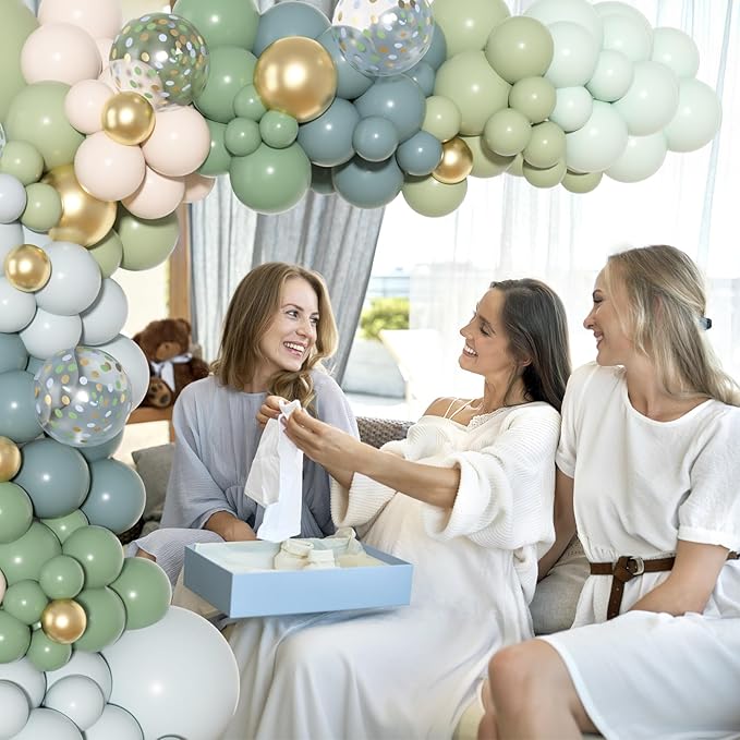 153Pcs Dusty Blue Green Balloons Baby Shower Decorations, Haze Fog Blue Mist Sage Green Balloon Arch Kit Baby Boxes with Letters (A-Z+Baby) for Baby Shower Boho Birthday Gender Reveal Party Supplies