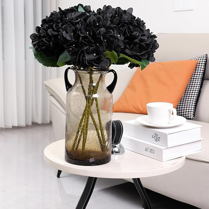 Kimura's Cabin 6Pcs Black Artificial Hydrangea Flowers Fake Hydrangeas Flowers Long Stems Faux silk Flower for Halloween table center decoration farmhouse wedding party dark bouquet arrangement(Black)