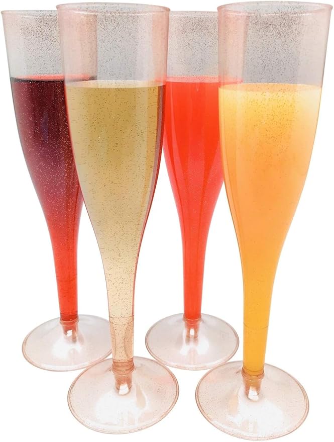 Oojami 100 Plastic Classic Champagne Disposable Flutes for Parties Plastic cups Wedding Party Toasting Cocktail Cups Bulk Party Pack (Rose Gold Rim)