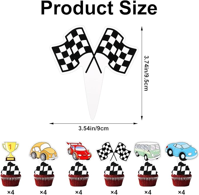 24pcs Car Cupcake Toppers, Race Car Birthday Party Supplies Black White Checkered Flag Cake Decorations Racing Theme Party Favors for Boys Kids
