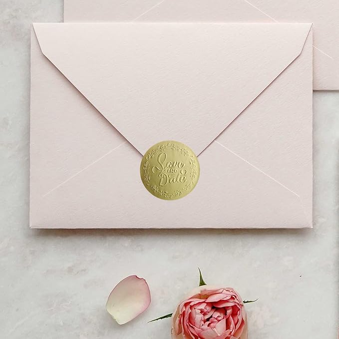 100 x Embossed Save The Date Stickers – Gold Foil Wedding Labels – Metallic Foil Envelope Seals – Elegant Invitation Stickers – Embossed Party Favor Tags (1.6 Inch)