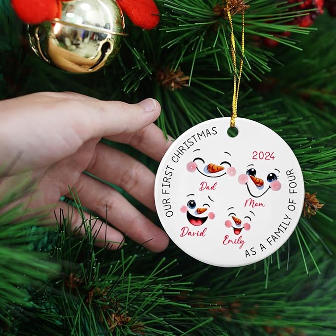 Personalized Our First Christmas As A Family of Four 2025 Ornament - Family of 4 Snowman Face Xmas Keepsake - Custom Names Snowman Family Christmas Tree Gift for Dad Mom Kids