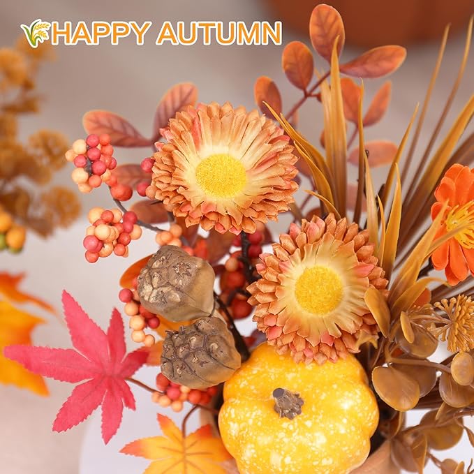 2PCS Fall Decor, Artificial Maple Leaves Pumpkin Berry Table Decorations, for Home Autumn Harvest Halloween Thanksgiving Holiday Party Table Centerpieces Fireplace Decor.