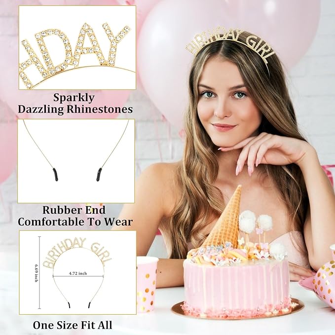 CAVETEE Birthday Girl Crown and Sash， Princess Tiara Happy Birthday Headband Party Accessories for Women and Girls