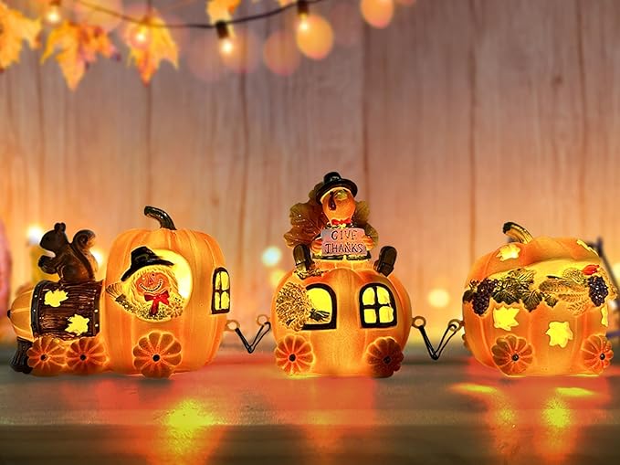 Hexagram Thanksgiving Decorations Indoor - Turkey Decor Thanksgiving Table Decorations - Lighted Turkey Pumpkin Train Decor - Pumpkin Figurines Centerpieces for Tables - Light Up Home Tabletop