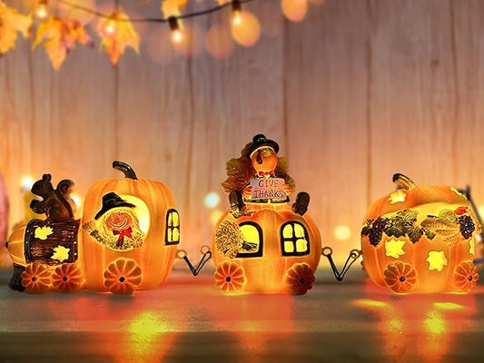 Hexagram Thanksgiving Decorations Indoor - Turkey Decor Thanksgiving Table Decorations - Lighted Turkey Pumpkin Train Decor - Pumpkin Figurines Centerpieces for Tables - Light Up Home Tabletop