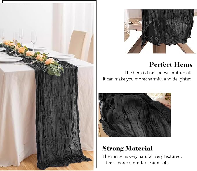 2 Pack 10 Ft Cheesecloth Table Runner Black Gauze Long Table Runners Boho Gauze Cheese Cloth Table Runner Rustic Sheer Runner for Wedding Party Table Decor ( 35 x 120 Inch )